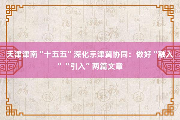天津津南“十五五”深化京津冀协同：做好“融入”“引入”两篇文章
